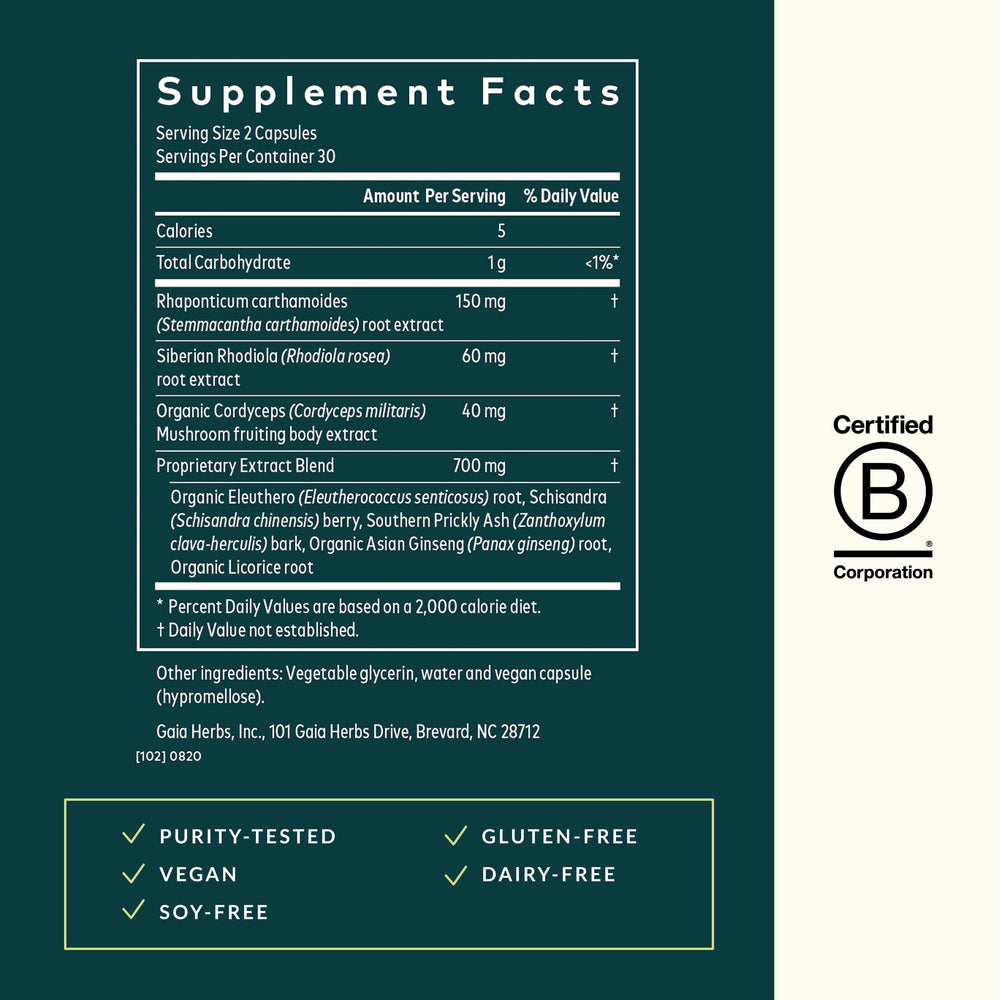 Gaia Jump Start nutrition facts panel