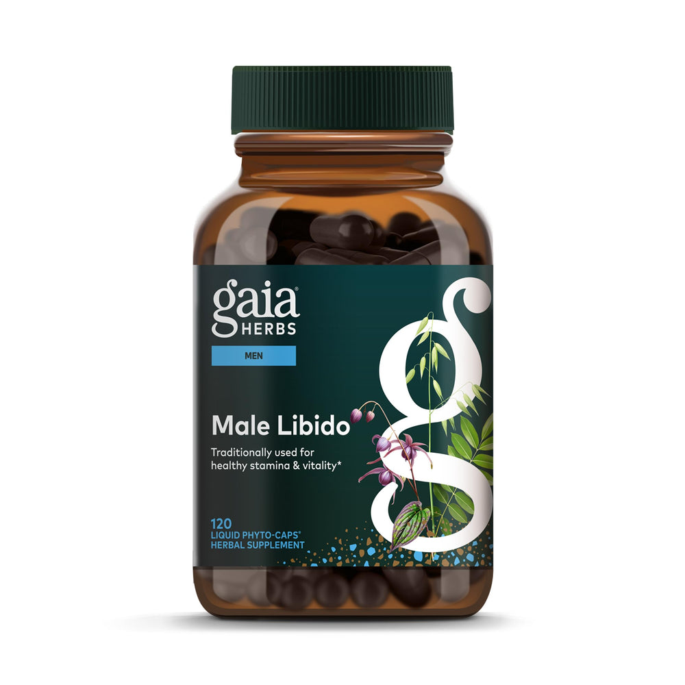 Gaia Herbs Male Libido bottle on a clean surface suggesting daily vitality support