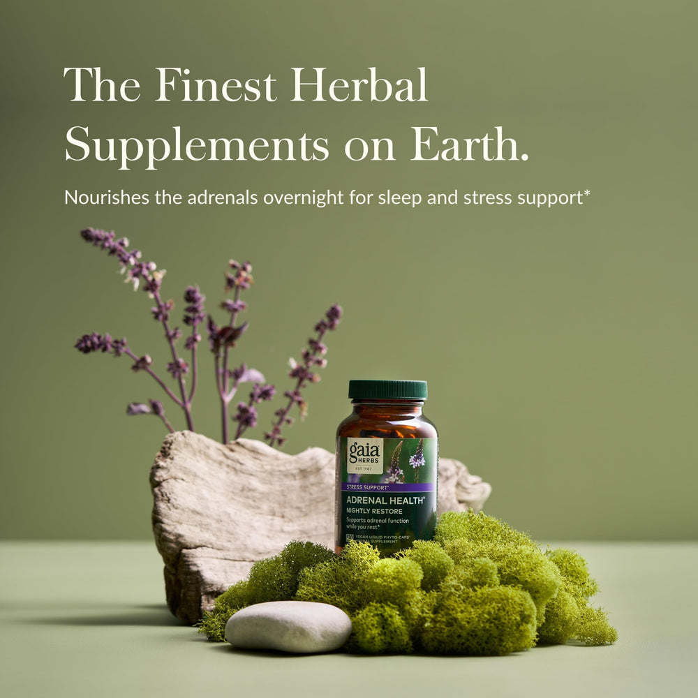 Close-up of Gaia Herbs Adrenal Health Nightly Restore capsules