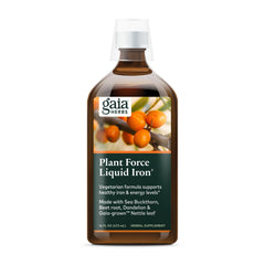 Gaia Herbs Plant Force Liquid Iron bottle shows easy vegetarian iron for daily energy support.
