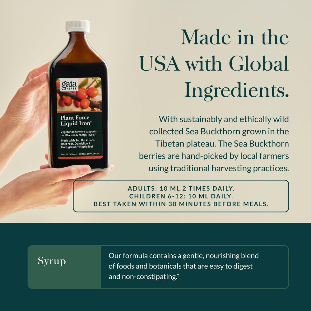 Honey-sweetened Gaia Herbs Plant Force Liquid Iron bottle suggests gentle daily tasting.