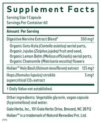 Close-up of Gaia Herbs PRO GI Stress ingredients: holy basil, gotu kola, jujube, lemon balm, chamomile