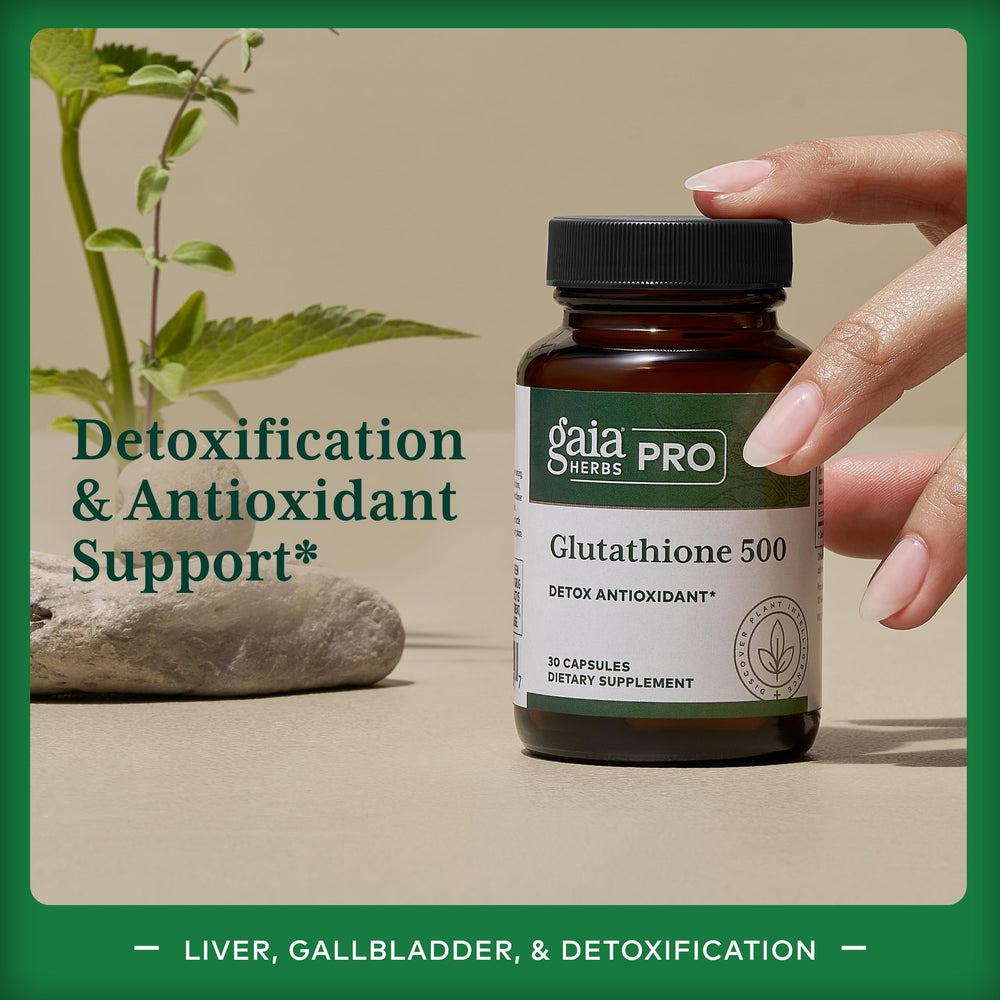 Close-up of GAIA Herbs PRO Glutathione 500 capsules