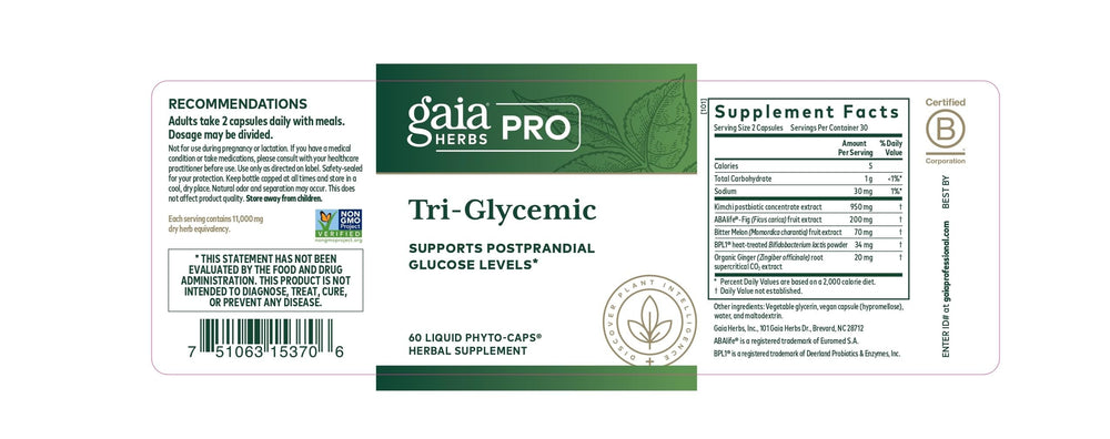 Gaia Herbs PRO Tri-Glycemic 60 Liquid Phyto-Caps bottle on a white surface