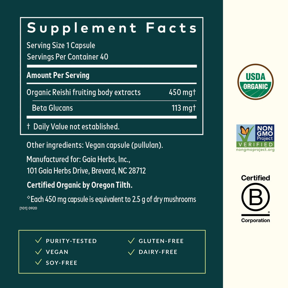 Reishi ingredients label showing 100% mushroom extract