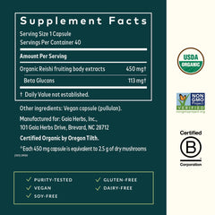 Reishi ingredients label showing 100% mushroom extract