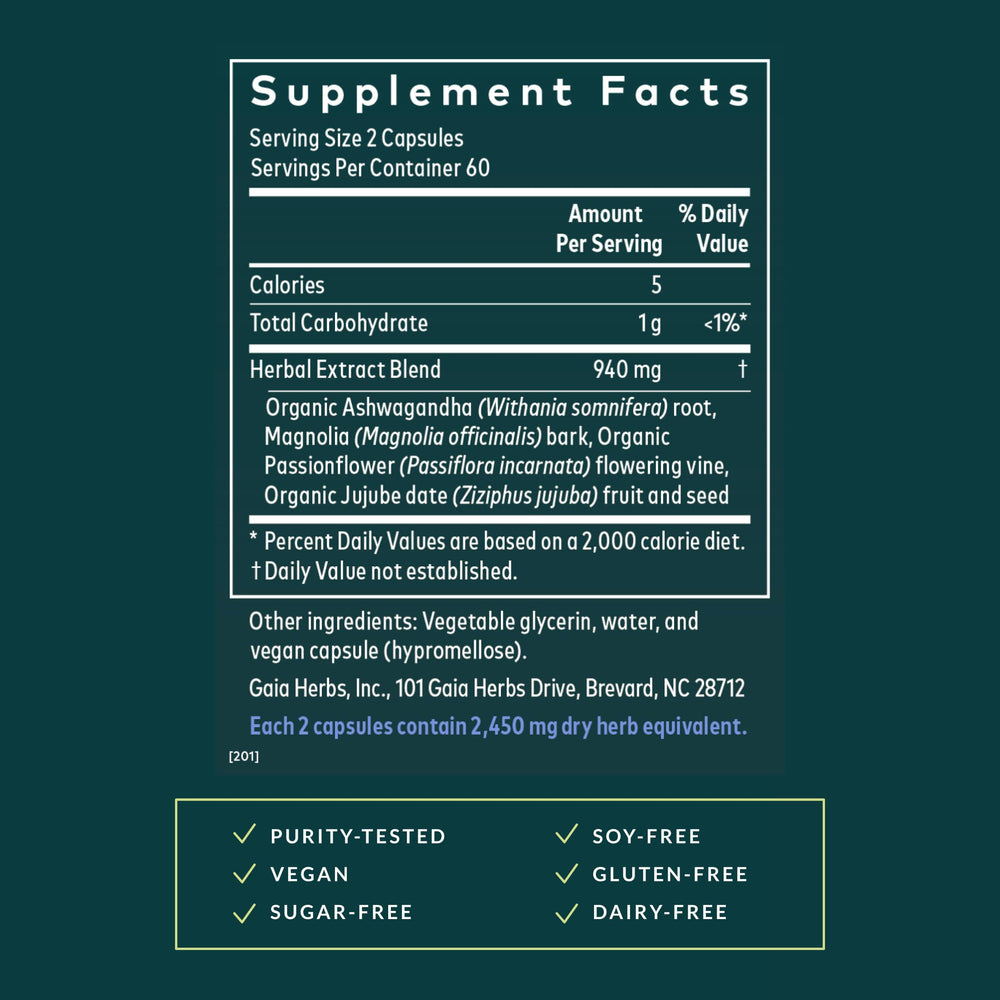 Gaia SleepThru ashwagandha root highlights natural adaptogenic calm for evenings.