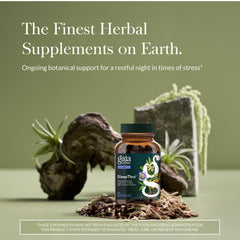 Gaia SleepThru bottle label closeup highlights herbal blend for occasional sleep support.