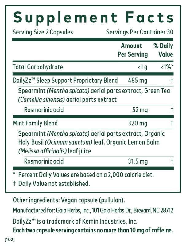 Close-up of Somni-Mint Rosmarinic Complex ingredients: green tea extract, lemon balm, spearmint