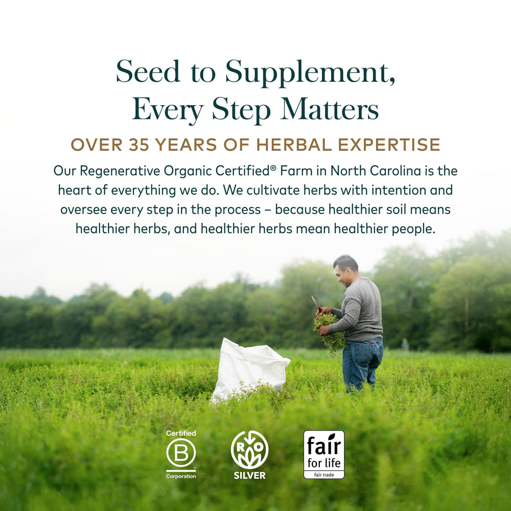 Gaia Herbs supplement label and nutrition facts displaying potency transparency