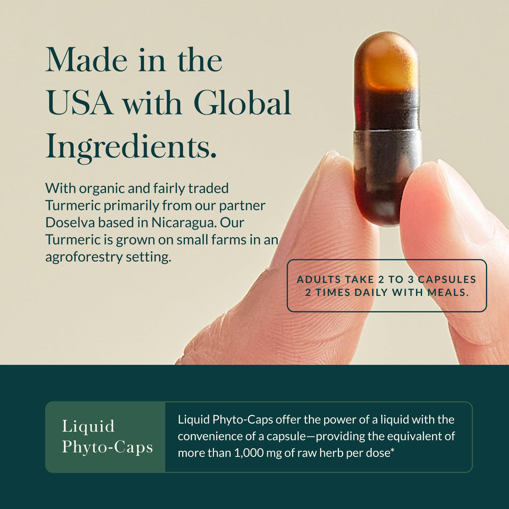 Gaia Herbs capsule in hand illustrating size and convenient serving scale