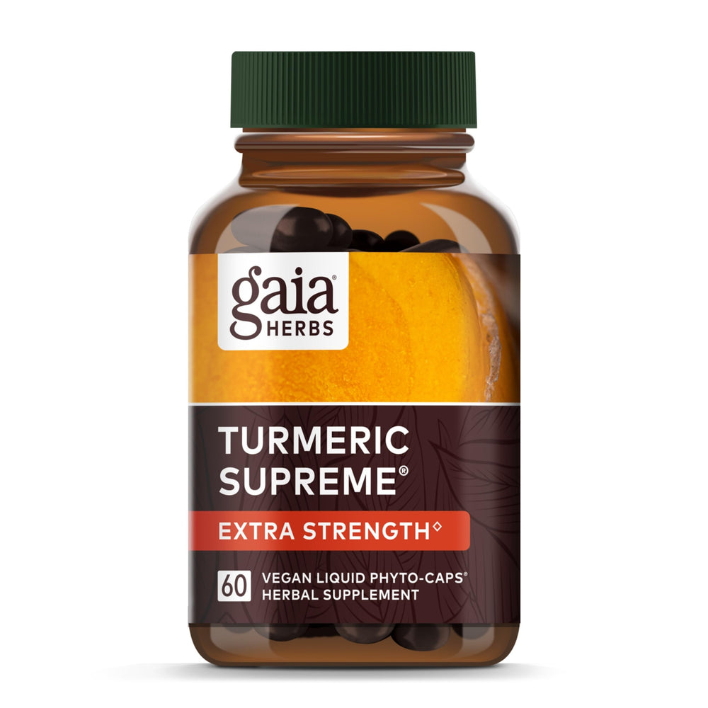 Hero image: Gaia Herbs Turmeric Supreme Extra Strength bottle with 60 vegan liquid phyto-capsules