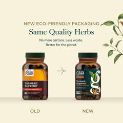 Gaia Herbs Turmeric Supreme package shows gluten-free and dairy-free labels.
