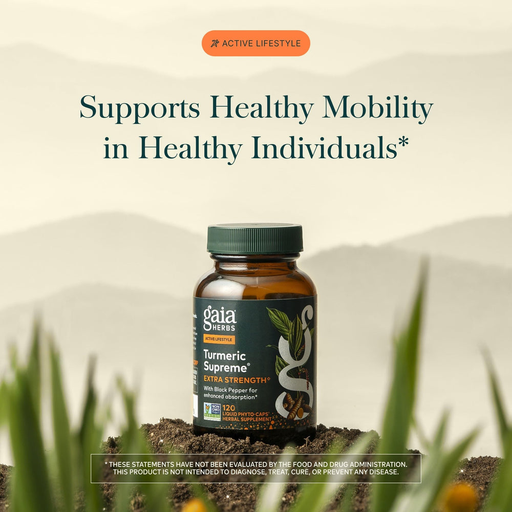 Gaia Herbs Turmeric Supreme label highlights gluten-free and dairy-free features.