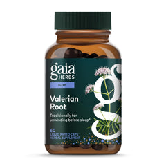Gaia Herbs Valerian Root bottle containing 60 vegan phyto-capsules.