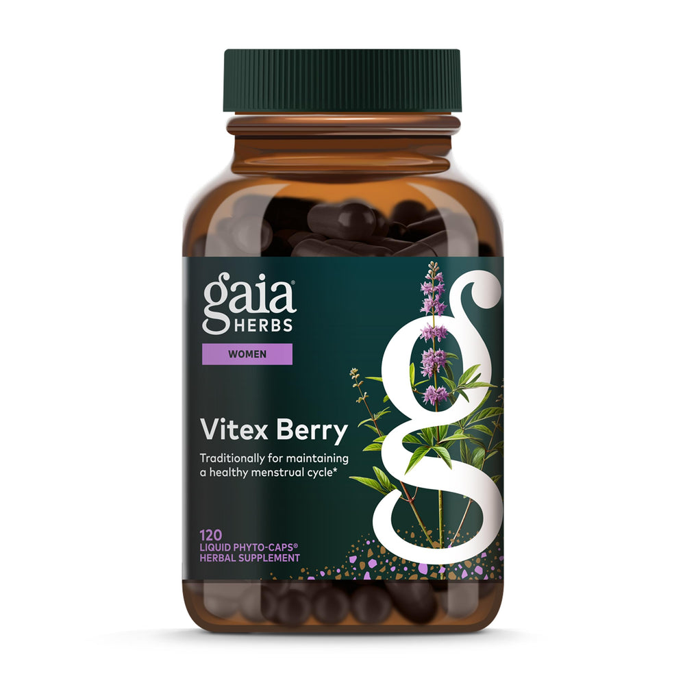 Gaia Herbs Vitex Berry bottle with 120 vegan capsules for potential hormone balance support.