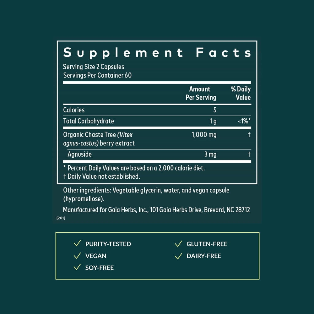 Gaia Herbs Vitex Berry capsules closeup showing vegan liquid phyto-capsules for daily use.