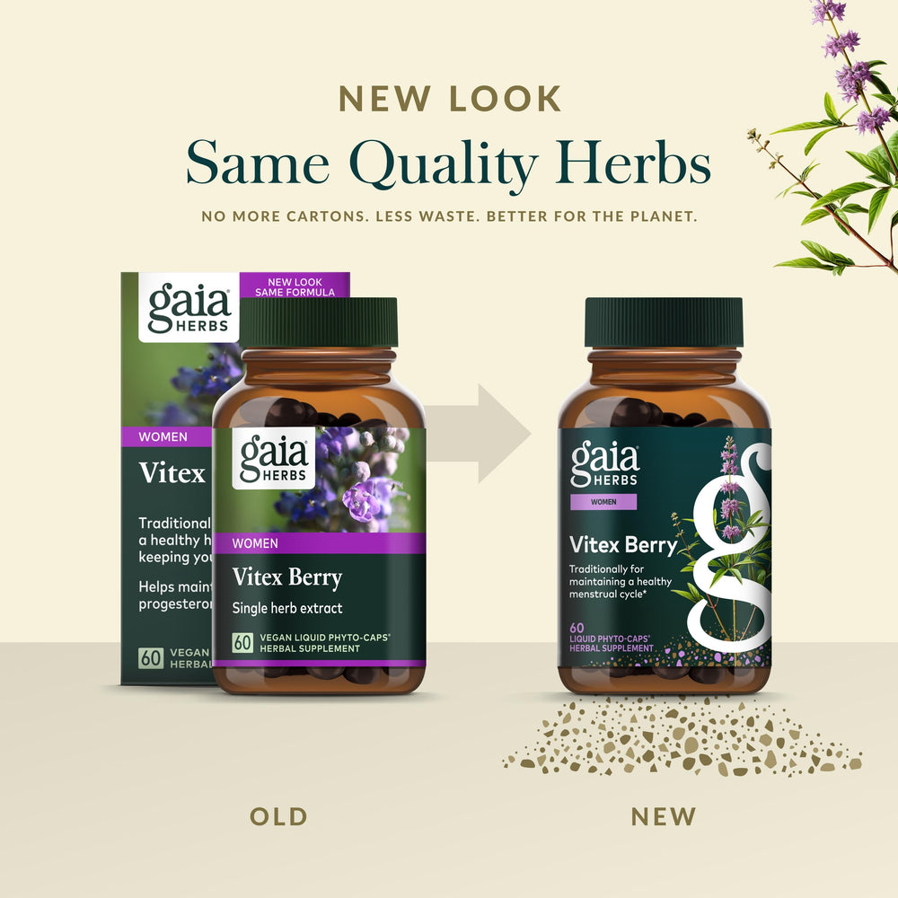Gaia Herbs Vitex Berry vial on shelf illustrating compact daily regimen