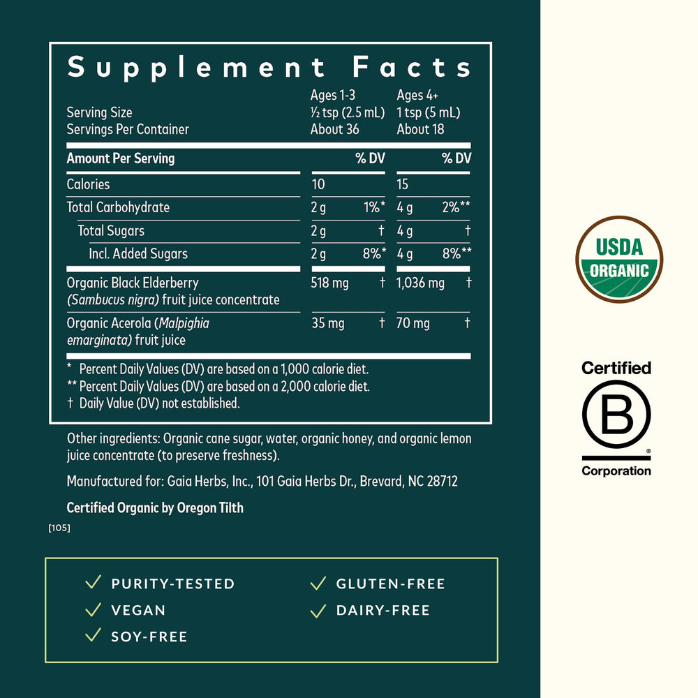 USDA Organic certification badge for GaiaKids Elderberry Syrup