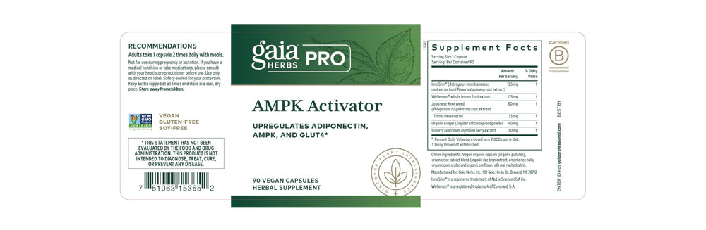 Gaia Herbs PRO AMPK Activator bottle showing ginger, Japanese knotweed, and bilberry