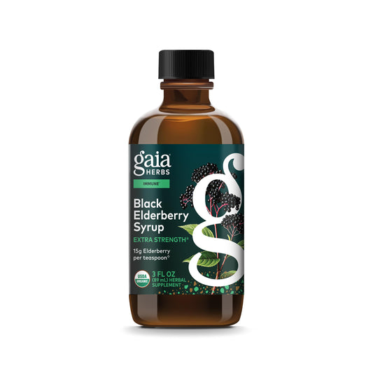 Front view of Gaia Herbs Black Elderberry Syrup bottle with 3 oz label