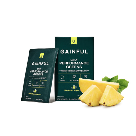 Front view of Gainful Daily Performance Greens Powder canister - Tropical Pineapple flavor