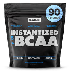 Gains in Bulk BCAA powder bottle with plant-based label