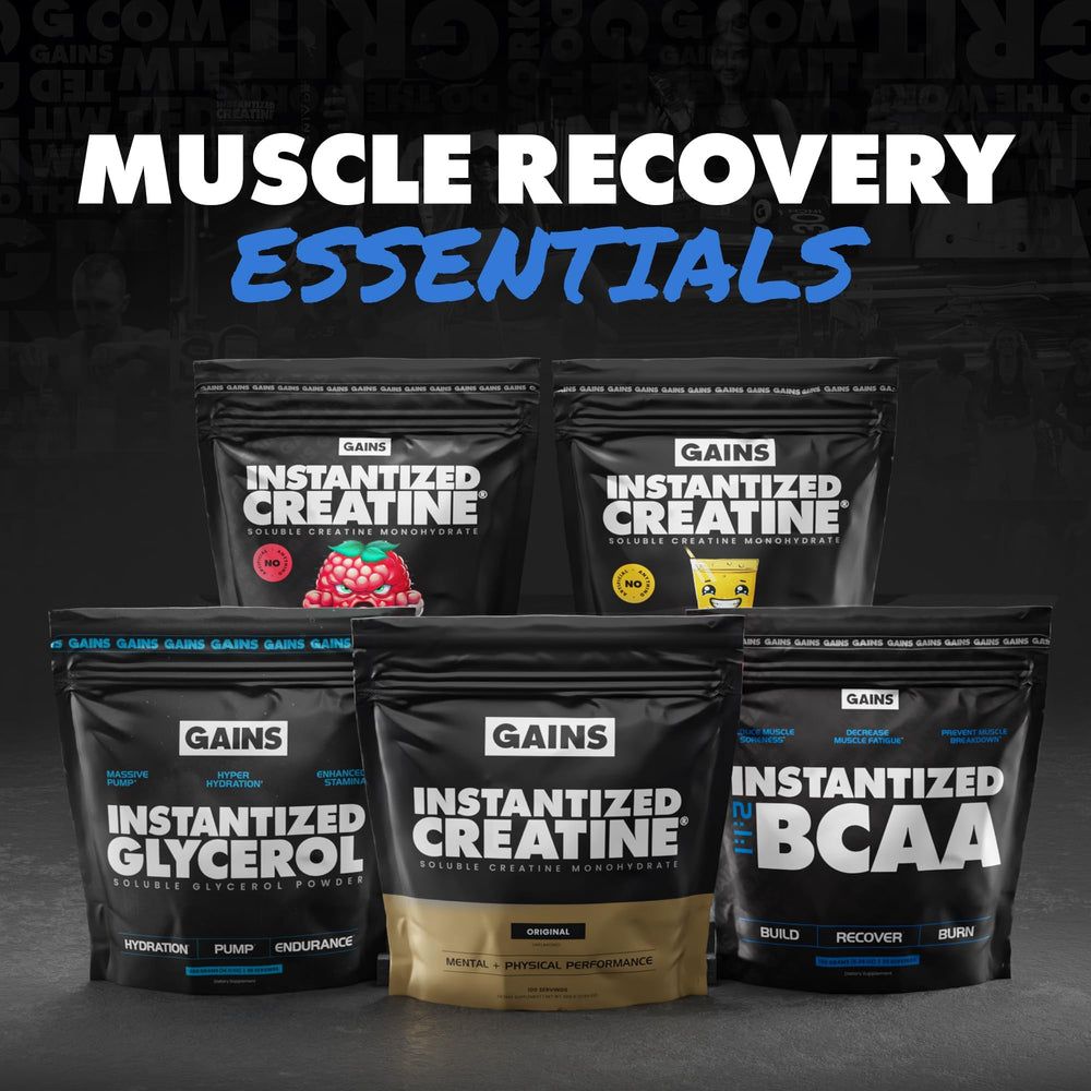 Gains in Bulk product lineup including pre-workout, protein, and creatine