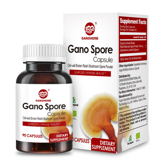 Front view of GANOHERB Organic Reishi Capsule bottle