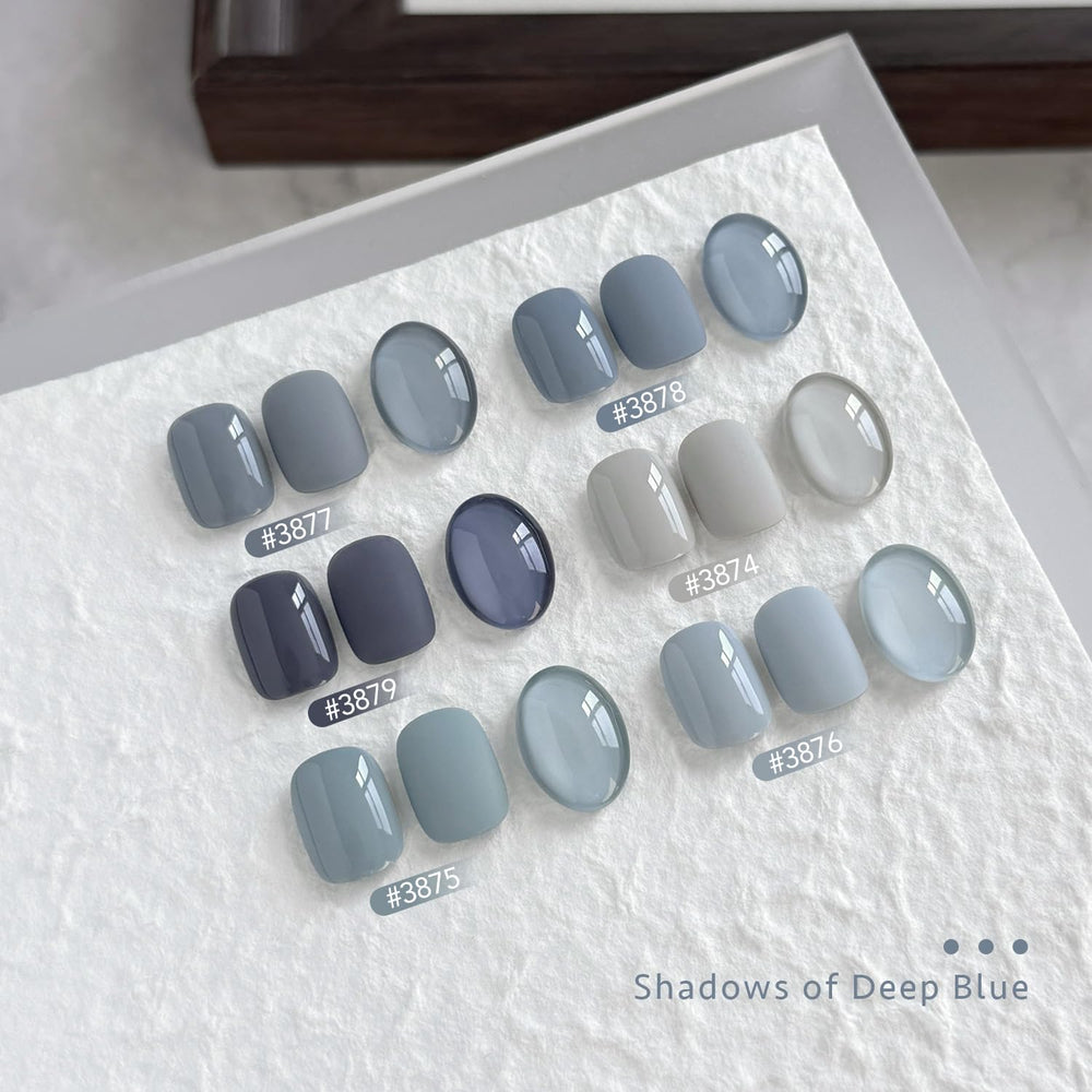 GAOY Blue Ashes six-color gel polish set in vibrant blues.