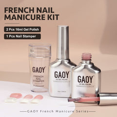 GAOY French Manicure Kit contents laid out with stamper and two gel polishes.
