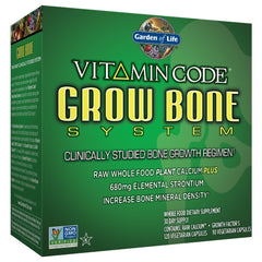 Garden of Life Grow Bone raw calcium bottle shows whole food calcium capsules for bone support.