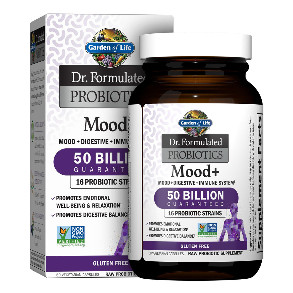 Front view of Garden of Life Mood+ Probiotic with Ashwagandha bottle