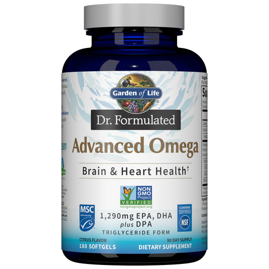 Garden of Life Dr Formulated Advanced Omega Fish Oil Lemon bottle with 180 softgels