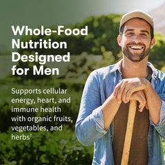 Garden of Life Once Daily Men's Multivitamin label closeup emphasizes essential vitamins for energy.