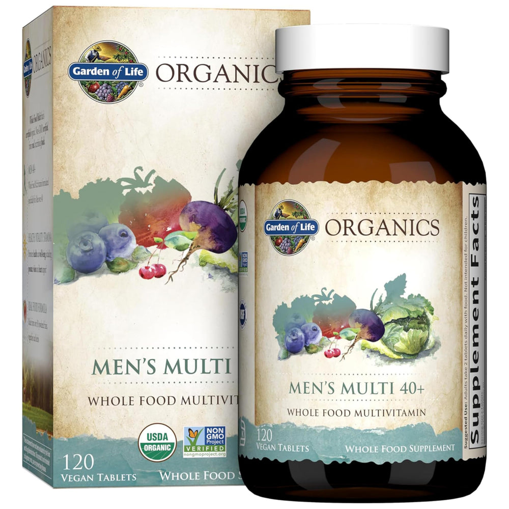 Front view of Garden of Life Organics Men's Multi 40+ bottle with 120 tablets