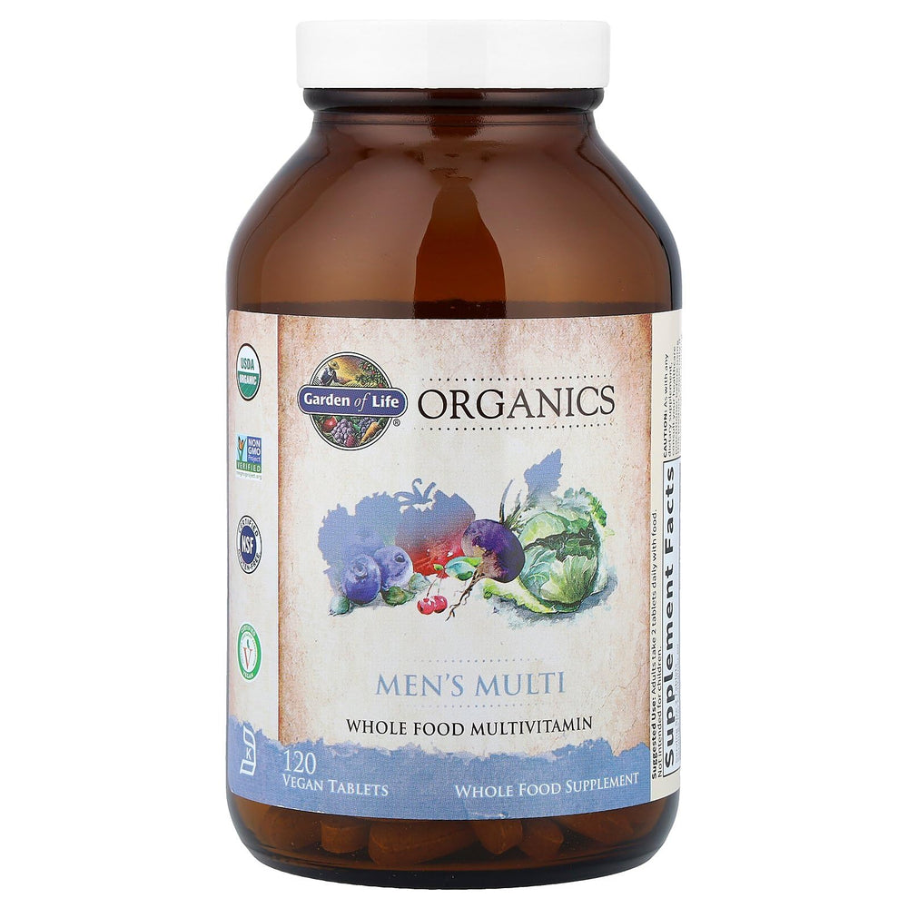 Garden of Life Organics Men's Multi label detail with vegan certifications.