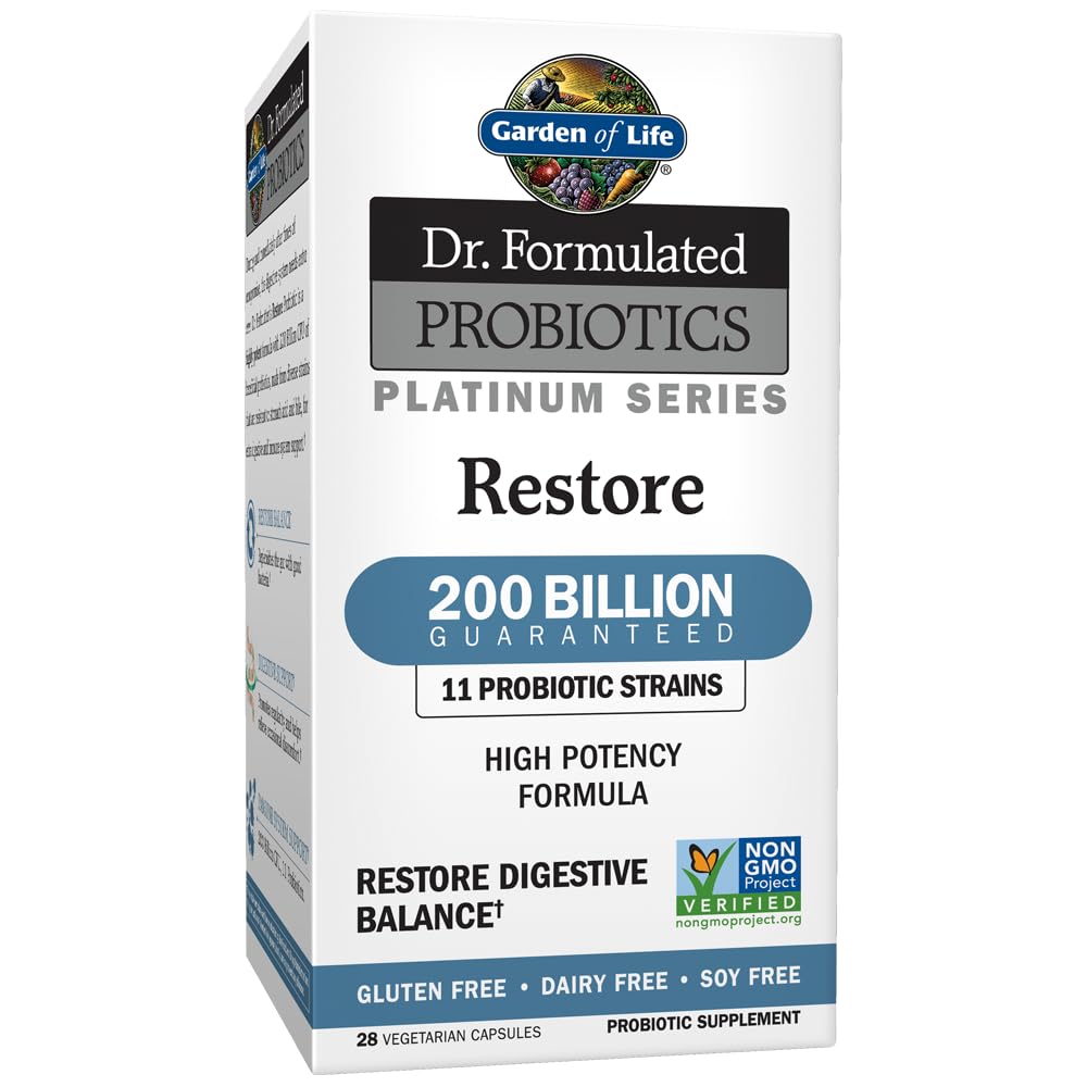 Garden of Life Platinum Restore bottle front displaying 200B CFU probiotic power for gut balance.