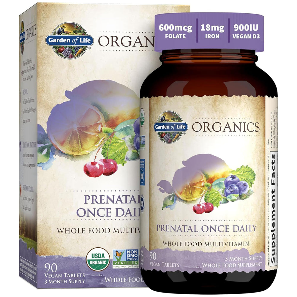 Garden of Life Prenatal bottle open, easy daily dose for expectant moms