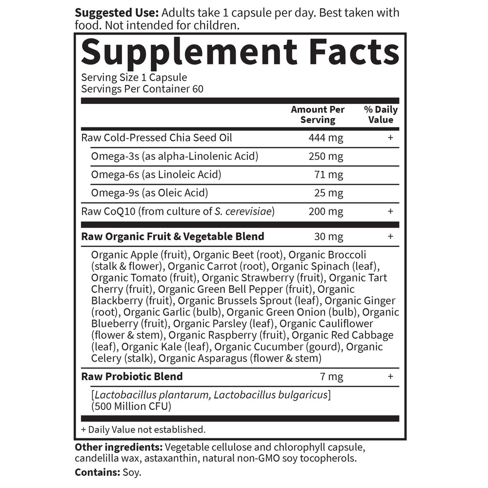 Raw CoQ10 antioxidant ingredients label from Garden of Life.