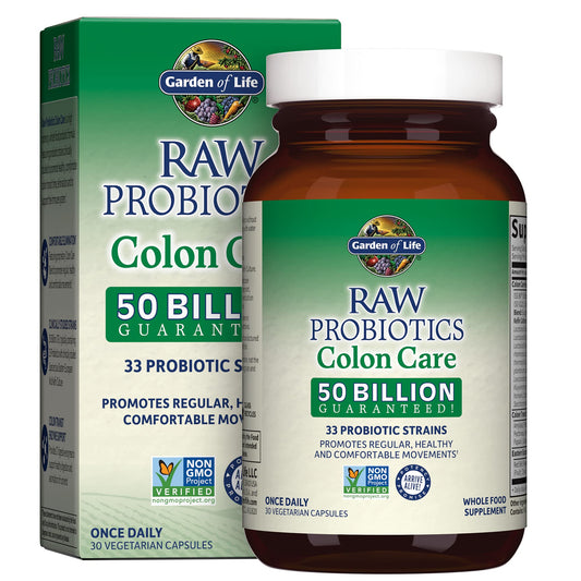 Garden of Life Raw Probiotics Colon Care bottle showing 50B CFU, 30 capsules