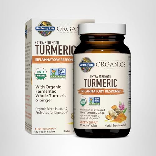 Garden of Life turmeric bottle highlighting probiotics and digestive support