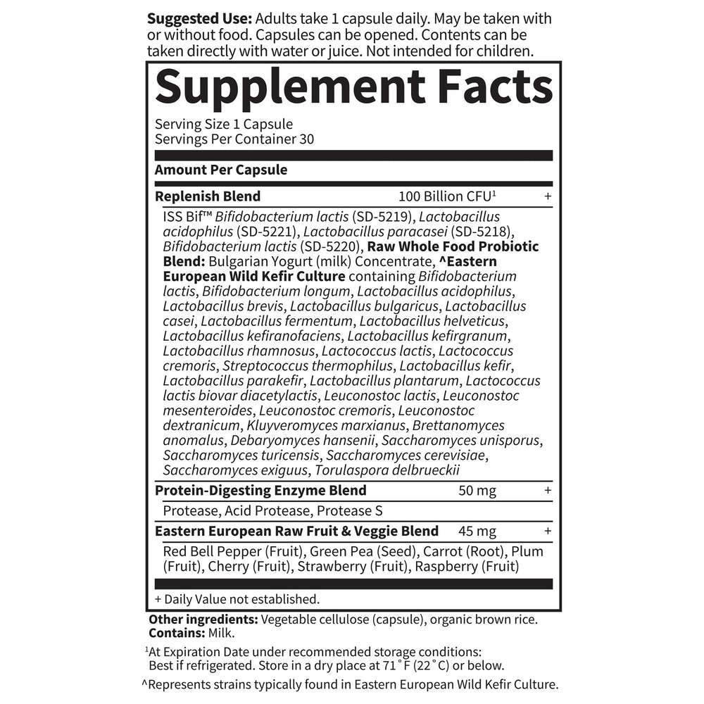 Close-up of the 100 Billion CFU label and 34 probiotic strains on the bottle