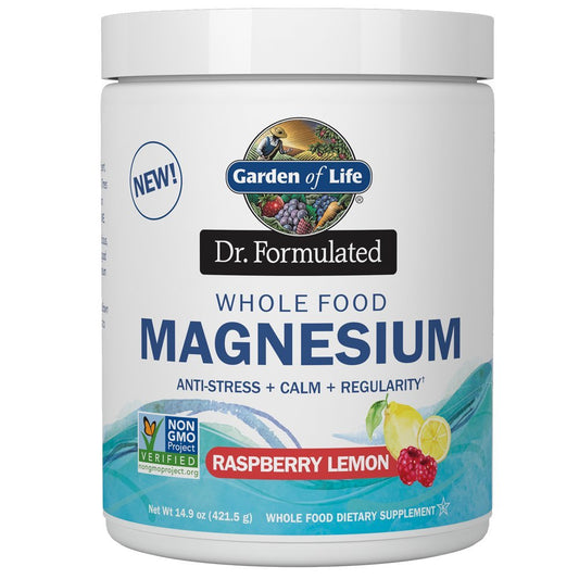 Garden of Life Whole Food Magnesium Powder Raspberry Lemon bottle and packaging