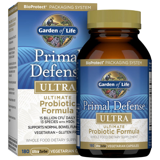 Label front of Garden of Life Primal Defense Ultra probiotic bottle