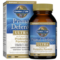 Label front of Garden of Life Primal Defense Ultra probiotic bottle