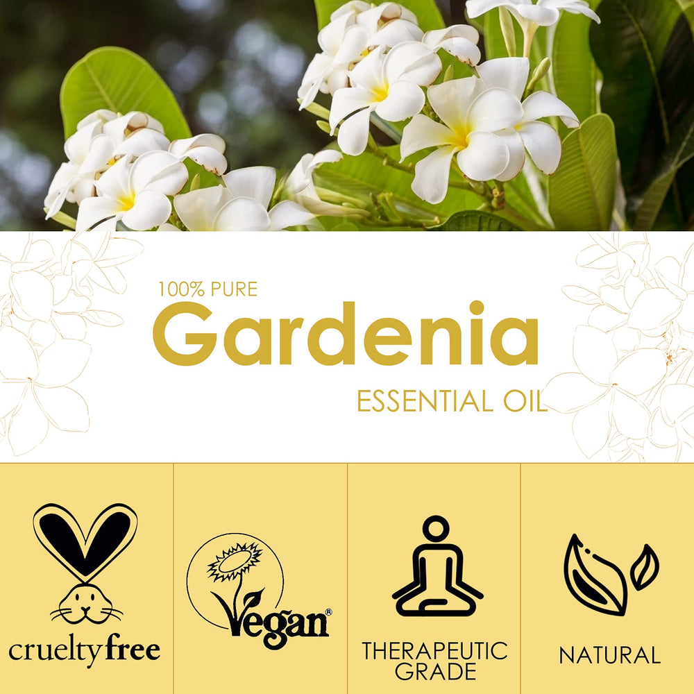 Amber glass bottle of Gardenia essential oil for aromatherapy