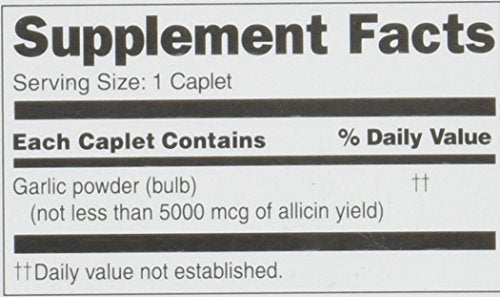 Close-up of Garlique caplet showing 5,000 mcg allicin potency