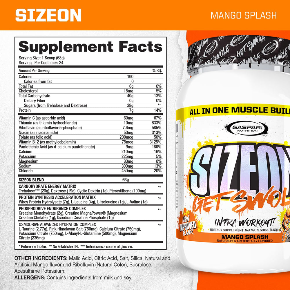 Gaspari SizeOn Mango Splash 3.59 lb tub – back label