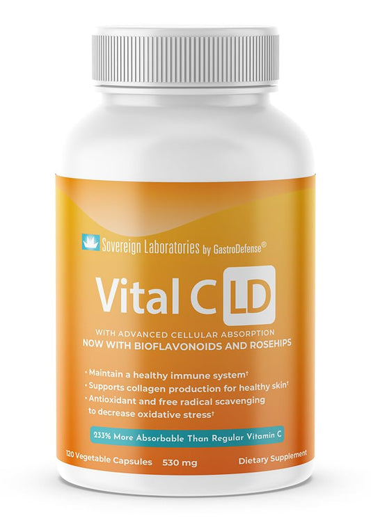 Label and bottle of GastroDefense Vital C-LD 530 mg 120 capsules